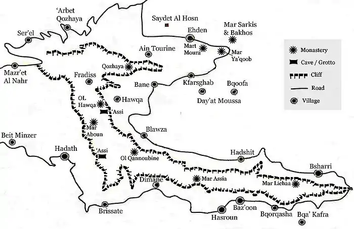 Location of main sites in the Kadisha Valley.