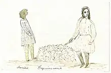 A sketch of two people in European clothing standing near a large burial cairn of stones.