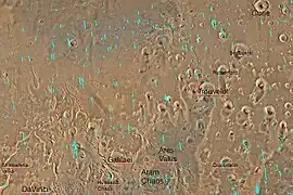 Quadrangle map of Oxia Palus quadrangle labeled with major features.  This quadrangle contains many collapsed areas of Chaos and many outflow channels (old river valleys).