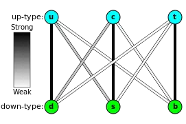 Three balls "u", "c", and "t" noted "up-type quarks" stand above three balls "d", "s", "b" noted "down-type quark". The "u", "c", and "t" balls are vertically aligned with the "d", "s", and b" balls respectively. Colored lines connect the "up-type" and "down-type" quarks, with the darkness of the color indicating the strength of the weak interaction between the two; The lines "d" to "u", "c" to "s", and "t" to "b" are dark; The lines "c" to "d" and "s" to "u" are grayish; and the lines "b" to "u", "b" to "c", "t" to "d", and "t" to "s" are almost white.