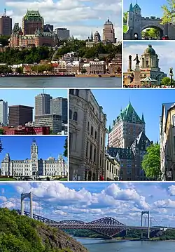 From top, left to right: Quebec City from the St. Lawrence River, the Ramparts of Quebec City, waterfront in Old Quebec, skyscrapers in Vieux-Québec, Parliament Building, Château Frontenac, Pierre Laporte Bridge