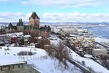 Quebec City panorama in winter focused on the Chateau Frontenac