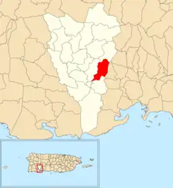 Location of Quebradas within the municipality of Yauco shown in red