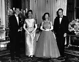 Queen Elizabeth II, and Prince Philip together with US President John F. Kennedy, and First Lady Jacqueline Kennedy Onassis at Buckingham Palace, London, United Kingdom (1961)