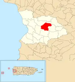 Location of Quemado within the municipality of Mayagüez shown in red