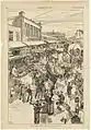 Vendors and customers on the street next to the Boston Produce Exchange, 1882