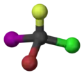 Ball and stick model of bromochlorofluoroiodomethane (R)