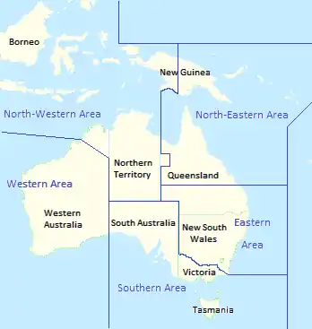 Map of Australia showing state borders, with RAAF area command boundaries superimposed