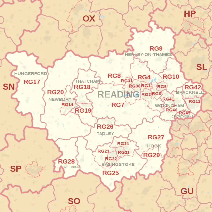 RG postcode area map, showing postcode districts, post towns and neighbouring postcode areas.