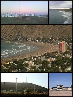 Top left:A board entrance of Rada Tilly in Armada Argentina Avenue, Top right:Playa Bonita (Bonita Beach), Center:Balneario Rada Tilly (Rada Tilly Spa) in Kae Lei area, Bottom left:Parque Ceolieo Rada Tilly (Rada Tilly Zeolite Park), Bottom right:A entrance in La Herradura Beach (Playa La Herradura)