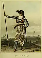 A Javanese man in war dress, The History of Java, by Thomas Stamford Raffles (1817)