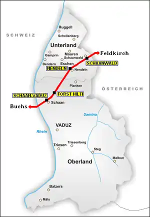 A map of Liechtenstein showing the railway line and the 4 stations