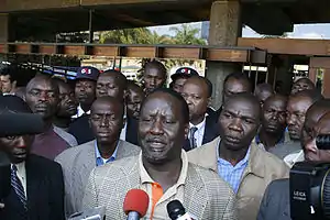 Image 2Former Prime Minister Raila Odinga speaking to the Kenyan media. (from Culture of Kenya)