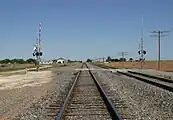 BNSF railroad tracks running across the level plains of the Llano Estacado on the east side of Southland.