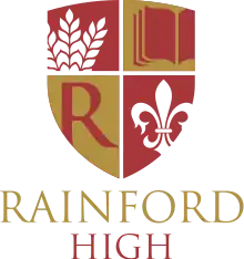 alt=Top left: A wheatsheaf, representing the village of Rainford.
Top right: A book, representing learning and knowledge.
Bottom left: The letter R, representing the school's name.
Bottom right: A fleur-de-lis, representing togetherness and love.
Text: Rainford High