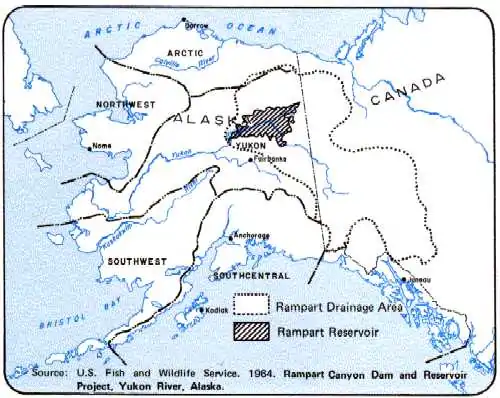 A map of Alaska. A large, Eastern to Central Alaskan landscape is taken up by crosshatches showing the floodplain.