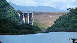 View of the Randenigala Dam and spillways from the Rantembe Reservoir, downstream.