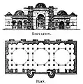 Plan and elevation of mosque: Scale – 50 feet to 1 Inch