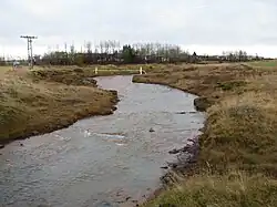 A photograph showing Rauðilækur hamlet and river.