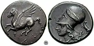 Corinthian stater. Obverse: Pegasus with Qoppa (Ϙ) beneath. Reverse: Athena wearing Corinthian helmet. Qoppa symbolised the archaic spelling of the city (Ϙόρινθος).