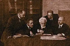 The Odessa literary group in 1916; from left to right: Yehoshua Hana Rawnitzki, Shloyme Ansky, Mendele M. Sforim, Hayim N. Bialik, Simon Frug.