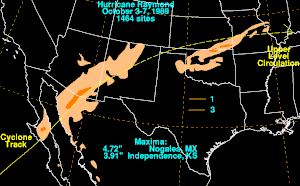 Map of the Central and Western United States and northern Mexico depicting rainfall from a storm. Two main swaths of rain are clearly visible on the right and left sides of the image.