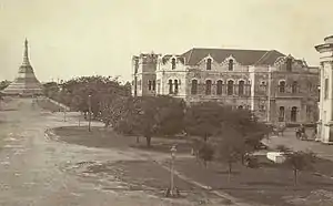 Image 26Recorder's Court on Sule Pagoda Road, with the Sule Pagoda at the far end, Rangoon, 1868. Photographer: J. Jackson. (from History of Myanmar)