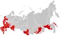 Federal subjects in which the Communist Party won more than the national average (22.39%) in the 1995 legislative election (in red).