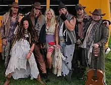 Rednex in 2020: Cash, Jiggie McClagganahan, Spades, Pickles, Moe Lester the Limp, Boneduster Crock and Pervis the Palergator, during the video recording of Nowhere in Idaho.