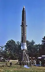 Redstone trainer missile practice firing exercise by US Army troops of Battery A, 1st Missile Battalion, 333rd Artillery, 40th Artillery Group (Redstone); Bad Kreuznach, West Germany; August 1960