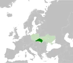 Galicia (dark green) compared with modern-day Poland and Ukraine (light green)