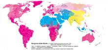 Distribution of world religions by country/state, and by smaller administrative regions for the largest countries (2012 data):  % Christian population   % Islam population   % all other religions but Judaism(equal parts cyan/magenta - Judaism)