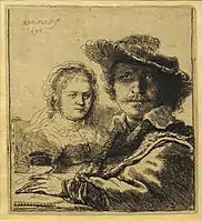 B19, Self-portrait with Saskia, etching, 1636, one of the "official" etched self-portraits.