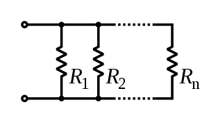 A diagram of several resistors, side by side, both leads of each connected to the same wires.