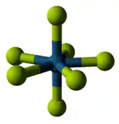 Ball and stick drawing showing central violet ball with a yellow one directly above and below and then an equatorial belt of 5 surrounding yellow balls