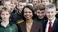 Former US Secretary of State Condoleezza Rice (centre) and Stephen Smith (right) with students from Wesley College during a visit to Kings Park State War Memorial in Perth