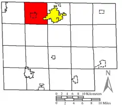 Location of Ridgefield Township (red) in Huron County, next to the city of Norwalk (yellow)