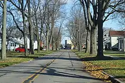 Tree-lined street southwest of the post office