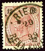 12 kr Austrian stamp in 1899 with German and Slovenian names