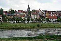 Riesa with the Trinitatis Church near the Elbe River in July 2008