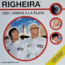 Righeira puts their hands on their hips and looks upwards to the left. They are wearing space suits, with Italian shoulder patches.