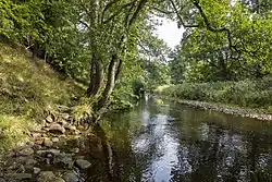 A shallow river surrounded by fields and trees