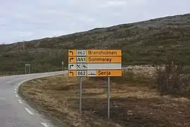 Road sign in Sandvika on riksvei 862 outside of Tromsø