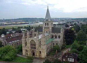 Image 54Credit: Sdwelch1031 Rochester is a large town in Kent, England, at the lowest bridging point of the River Medway about 30 miles (50 km) from London. Construction of Rochester Cathedral, shown, began in about 1080.More about Rochester... (from Portal:Kent/Selected pictures)