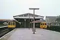 Looking south. Interchange between Merseyrail trains, at the buffers to the right, and the diesel trains in June 1980.