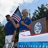 Rock Hall Mayor Dawn Jacobs giving a speech giving the town's July 4 parade