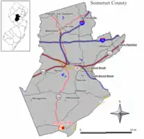 Location of Rocky Hill in Somerset County highlighted in yellow (right). Inset map: Location of Somerset County in New Jersey highlighted in black (left).