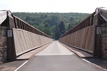 A view down the one-lane bridge