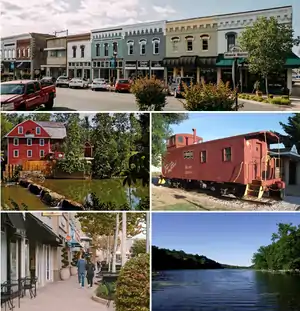 Clockwise from top: Downtown Rogers, the Centennial Caboose, Lake Atalanta, Pinnacle Hills Promenade, War Eagle Mill