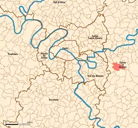 Location (in red) within Paris inner and outer suburbs